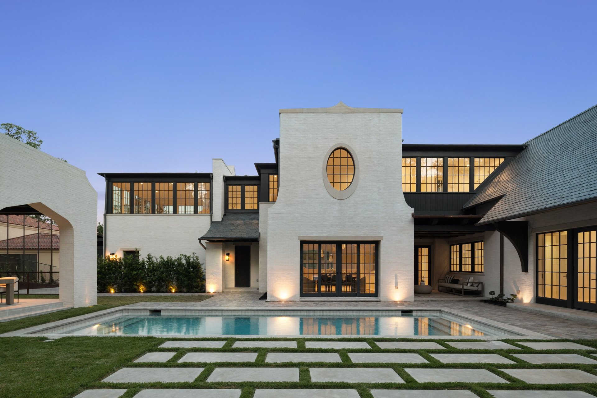 Twilight pool elevation at 3802 Balcones Drive, a Keenan Group luxury listing